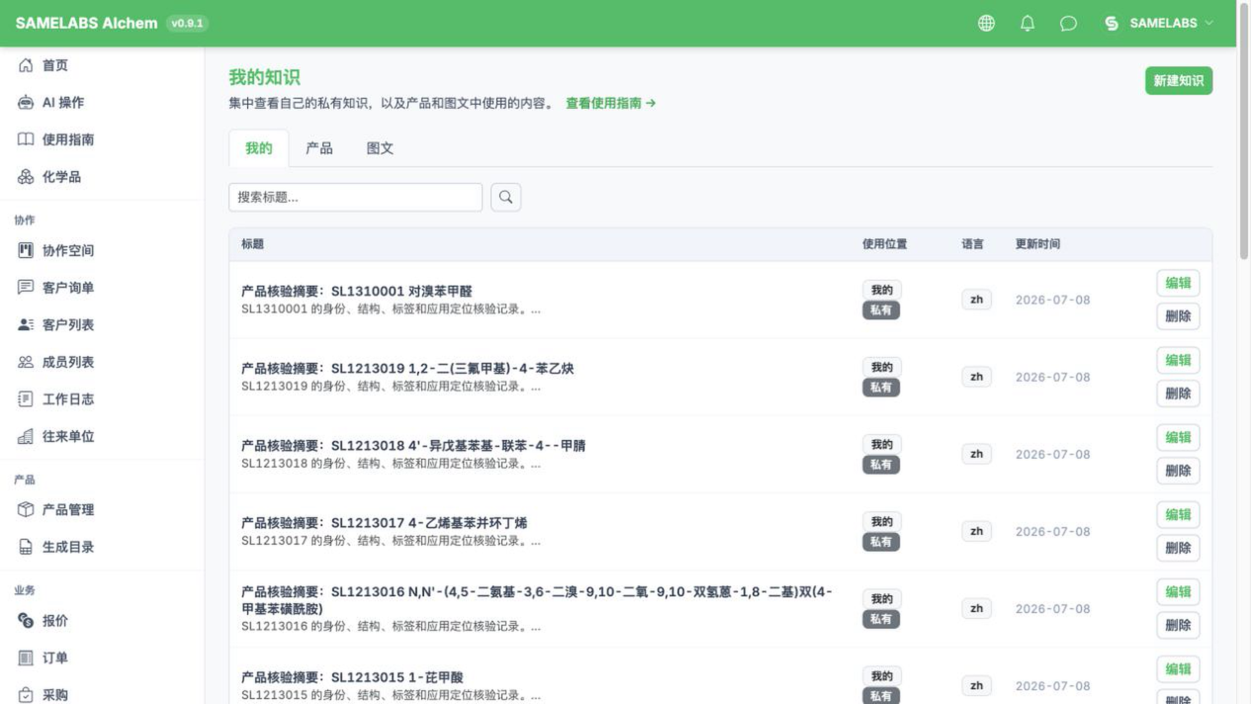 AIchem 我的知识页面，展示知识条目、使用位置、语言和更新时间